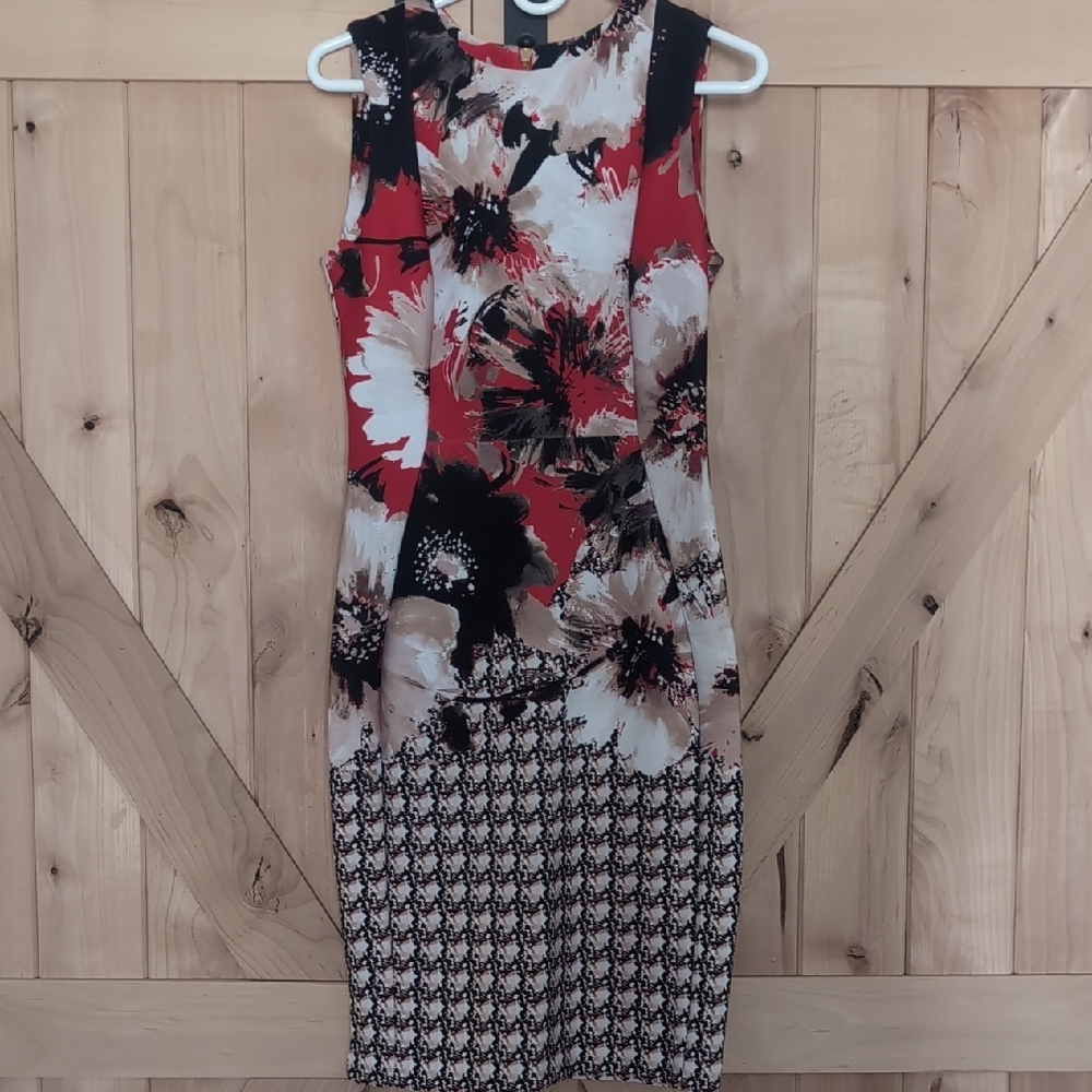 Calvin Klein Red Black Cream Floral Midi Sheath Dress
